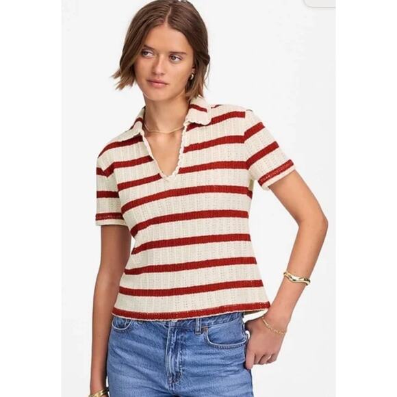 Madewell | NWT Crochet-Knit V-Neck Sweater Tee in Red Ochre | Sz XXS - Picture 1 of 10
